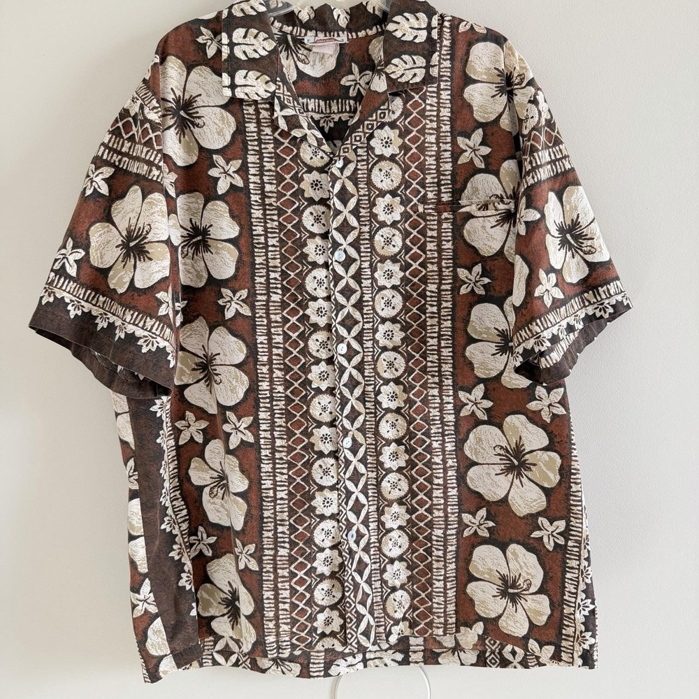 Vintage Evergreen Island Men's Hawaiian Shirt 2XL Brown/ Beige Made In Hawaii